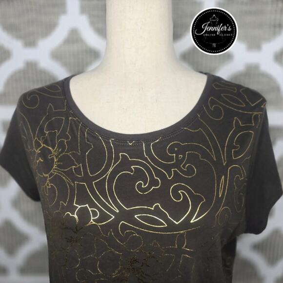 3/$30 Tahari Brown with Metallic Gold Floral Graphic Cap Sleeve Top Size Large - Picture 4 of 9